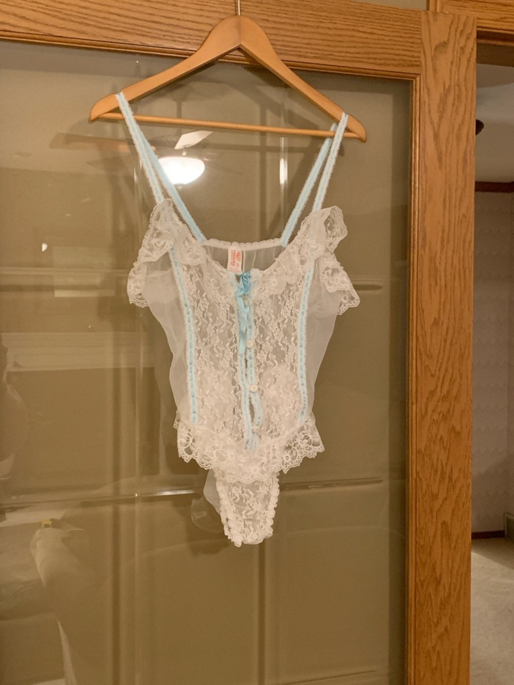 Pandora White Sheer Lace Teddy with Light Blue Trim